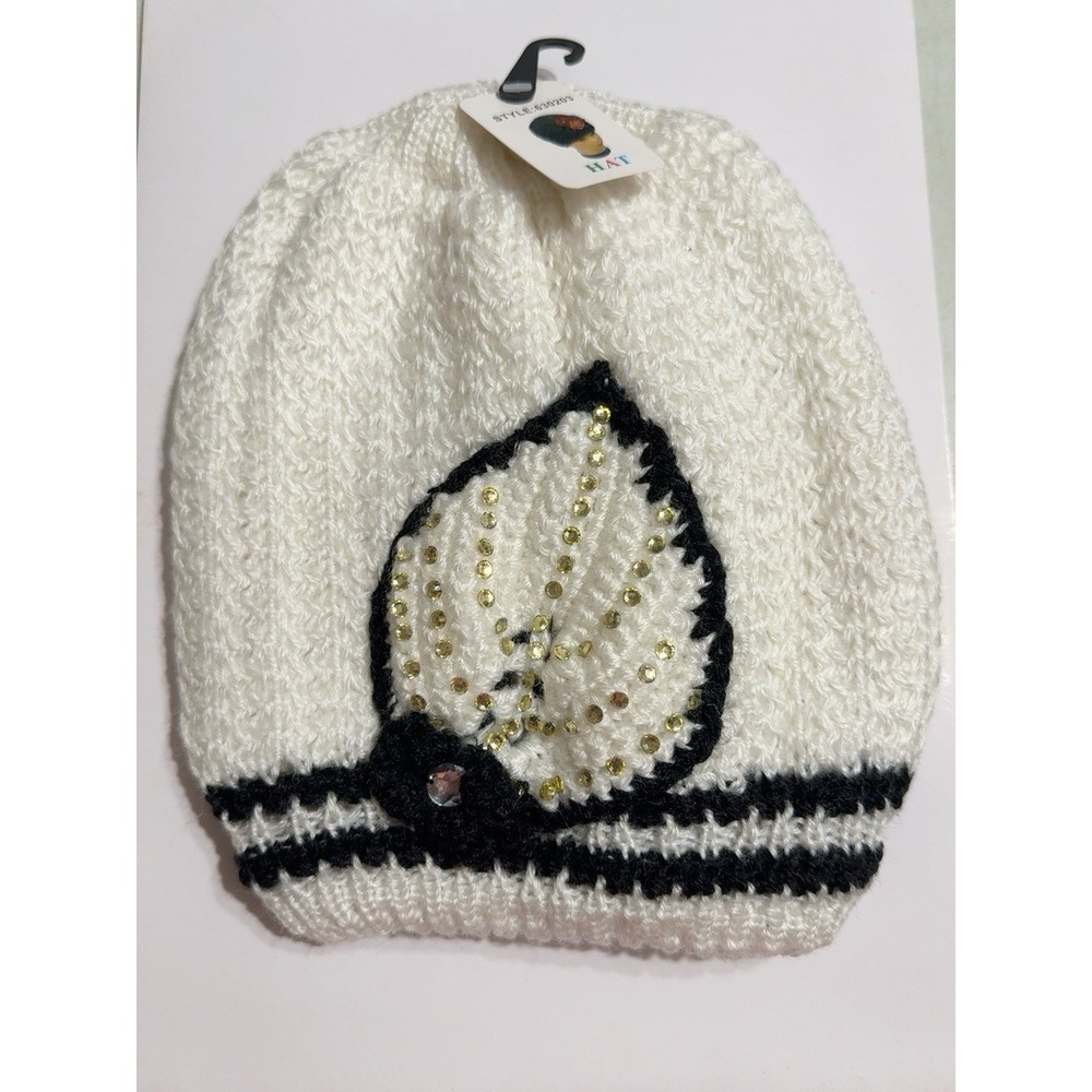 K0283-Women's White Black Knit Beanie Hat Rhinestone Embellished Winter NWT